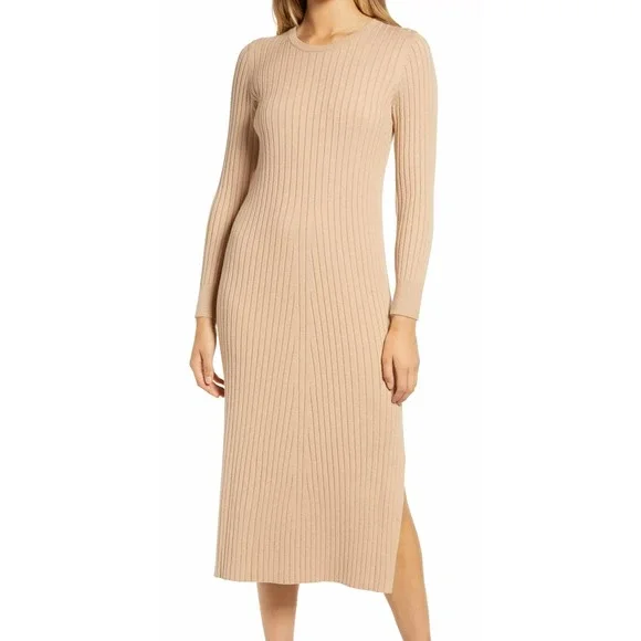 camel sweater dress midi Vero Moda Aware sleeve detail knit sweater midi dress in camel